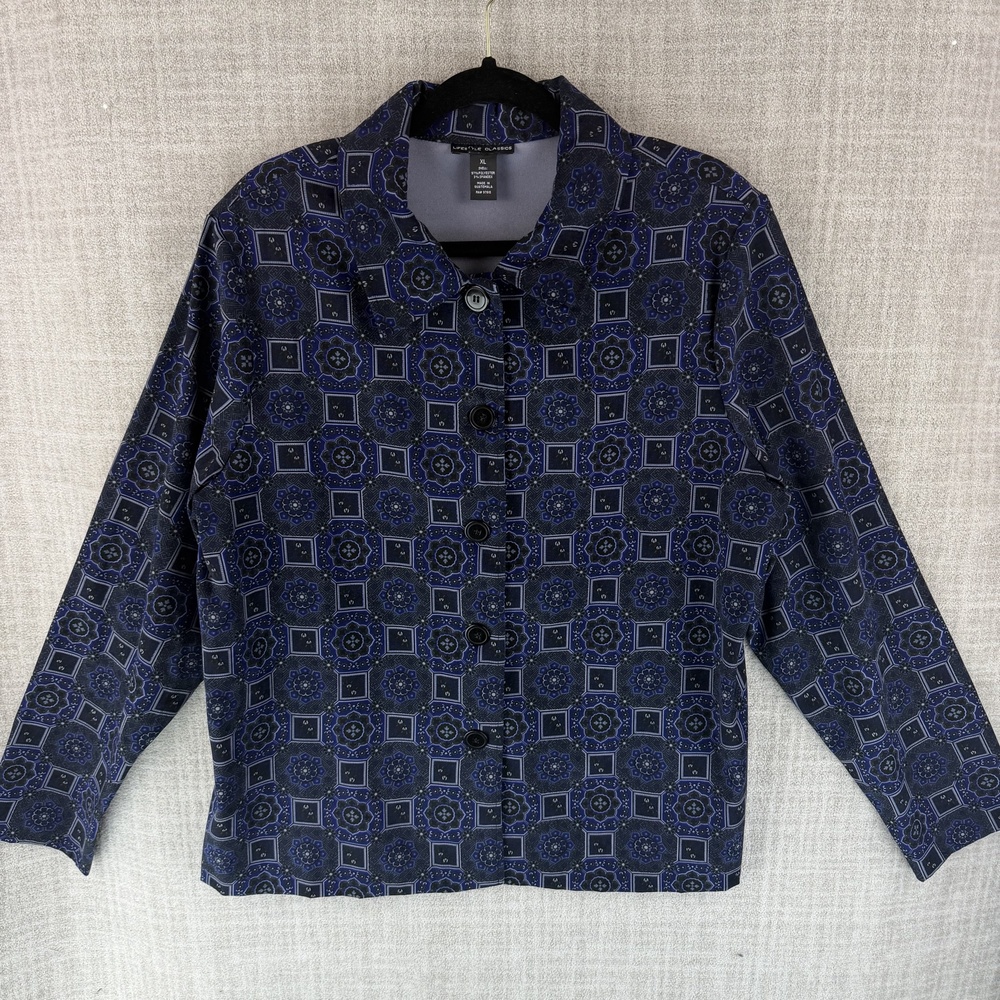 Lifestyle Classics Blouse Womens XL Blue Geometric Hawaiian Relaxed Lightweight